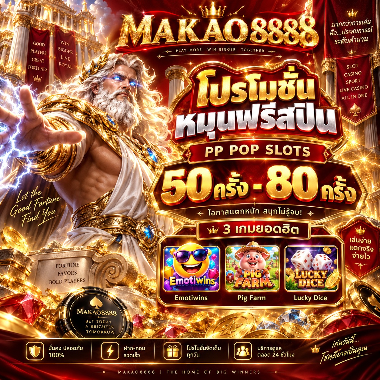 Makao8888 Promotion โปรโมชั่นหมุนฟรีสปิน FAT PANDA SLOTS เกมสล็อตรับ 50-80 ครั้ง