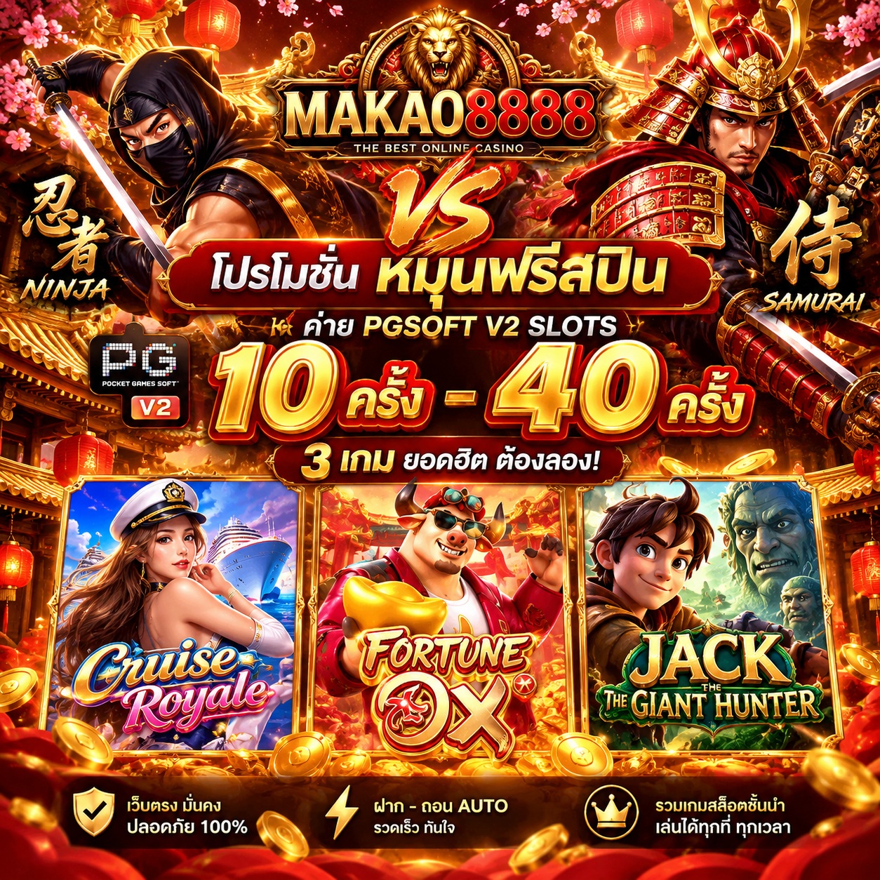 Makao8888 Promotion โบนัสหมุนฟรีสปิน 10 - 40 ครั้ง PGSOFT V2 SLOTS