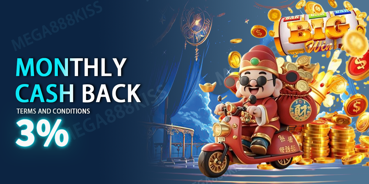 Mega888Kiss  Promotion Monthly Cashback, Steady Returns!