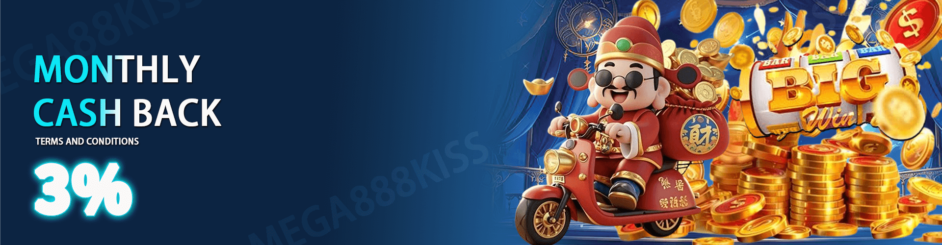 Mega888Kiss  Promotion Monthly Cashback, Steady Returns!