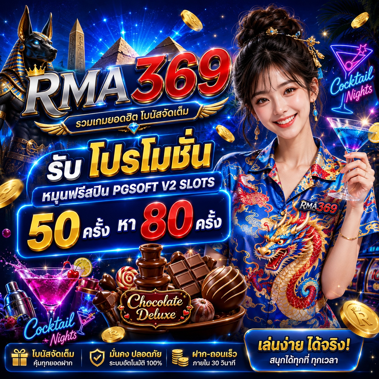 RMA369 Promotion ໂປຣໂມຊັນໝຸນຟຣີສະປີນ ຄ້າຍ PGSOFT V2 SLOTS : ຮັບຟຣີສະປິນ 50 - 80 ຄັ້ງ