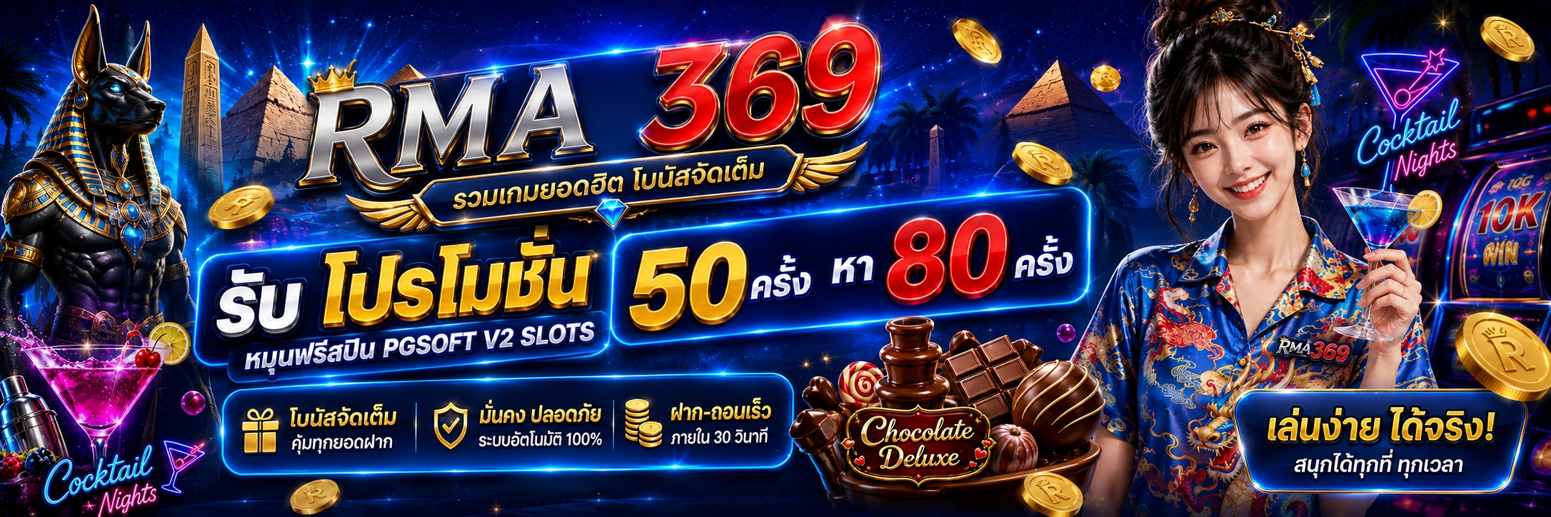 RMA369 Promotion ໂປຣໂມຊັນໝຸນຟຣີສະປີນ ຄ້າຍ PGSOFT V2 SLOTS : ຮັບຟຣີສະປິນ 50 - 80 ຄັ້ງ