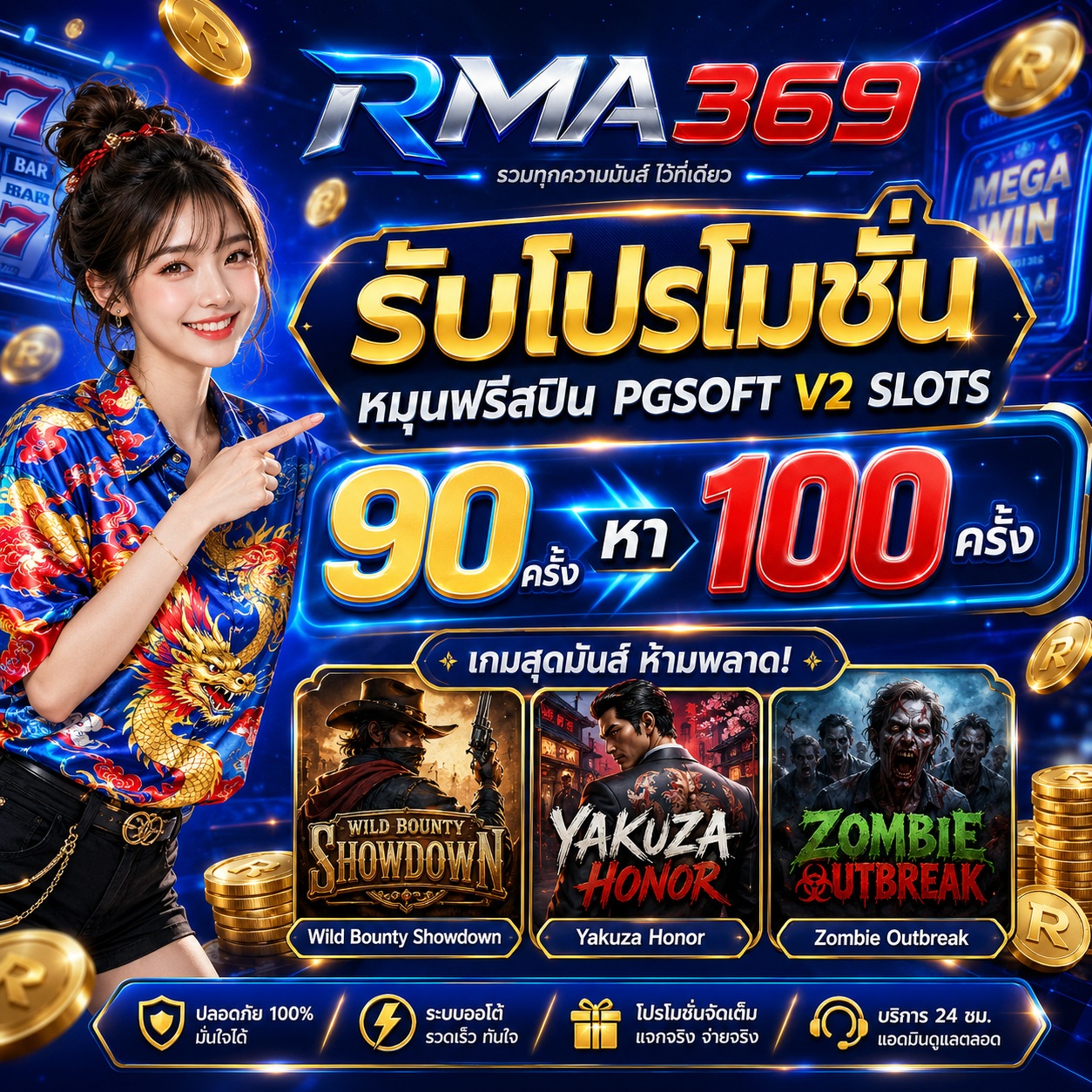 RMA369 Promotion ໂປຣໂມຊັນໝຸນຟຣີສະປີນ ຄ້າຍ PGSOFT V2 SLOTS : ຮັບຟຣີສະປິນ 90 - 100 ຄັ້ງ