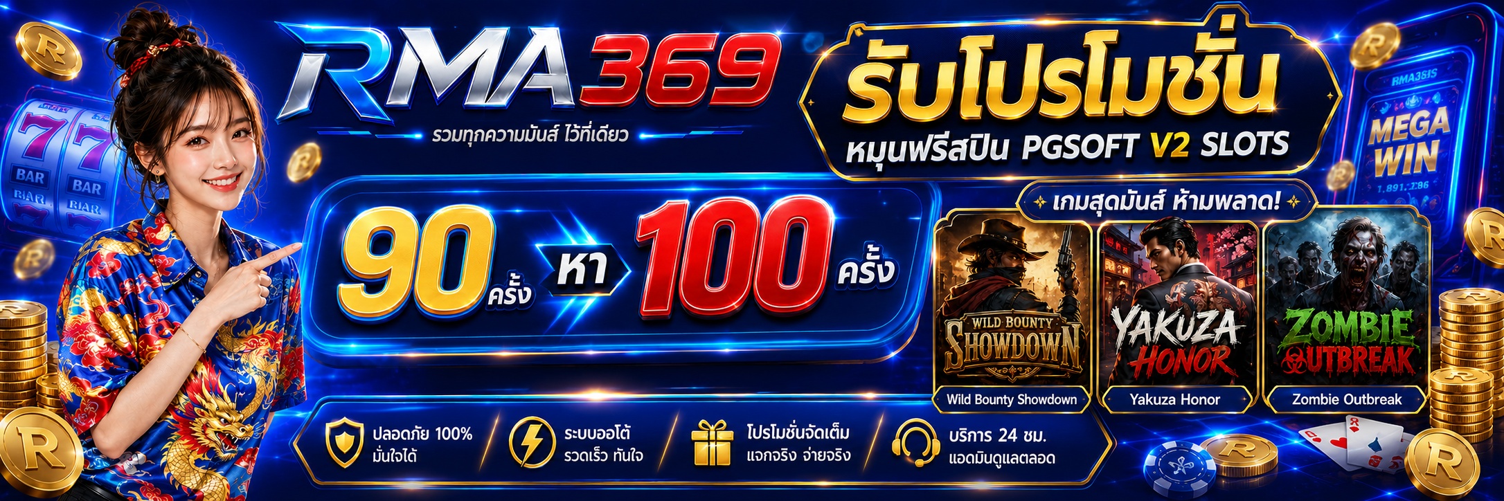 RMA369 Promotion ໂປຣໂມຊັນໝຸນຟຣີສະປີນ ຄ້າຍ PGSOFT V2 SLOTS : ຮັບຟຣີສະປິນ 90 - 100 ຄັ້ງ