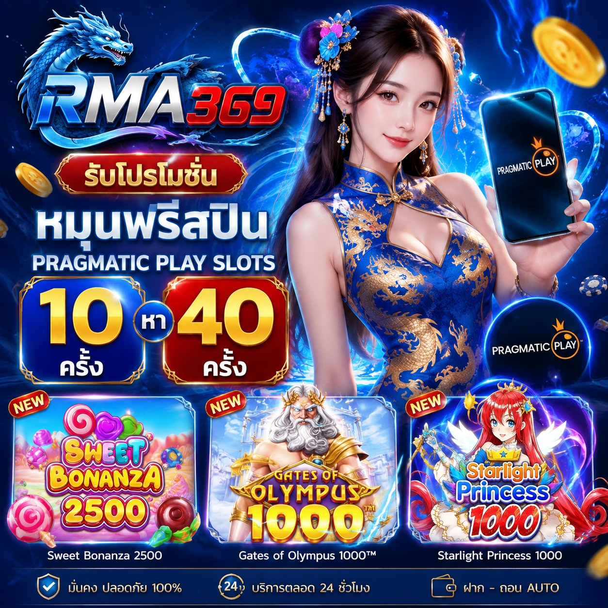 RMA369 Promotion ໂປຣໂມຊັນໝຸນຟຣີສະປີນ ຄ້າຍ PRAGMATICPLAY SLOTS : ຮັບຟຣີສະປິນ 10 - 40 ຄັ້ງ